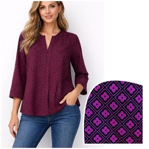 Twik Magenta Merlot Wine Tone Geometric abstract floral 3/4” Sleeve Blouse